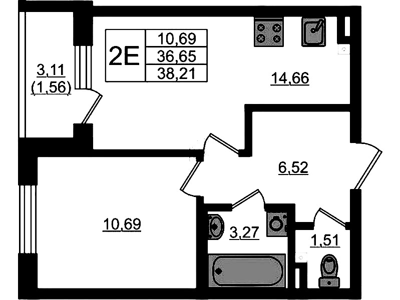1-комнатная квартира 38.21 м², 2/4 эт., ЖК «Новая история»